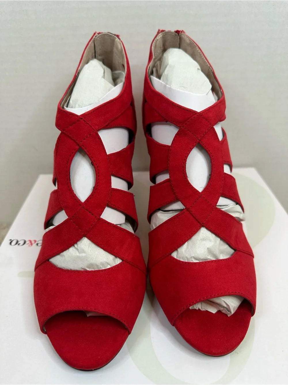 Style & Co. Red Suede Strappy Cutout Peep-Toe Heels, size 8, New in box